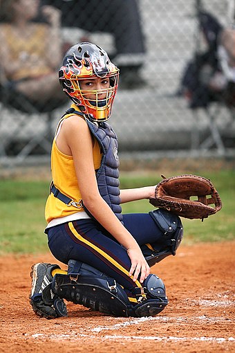 Catcher wearing a helmet and chest protector