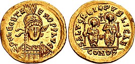 Gold solidus coin of Leo II, marked: d·n· leo et zeno p·p· aug·("Our Lords Leo and Zeno, Perpetual Augusti") showing Leo and Zeno enthroned and nimbate and each holding a mappa on the reverse, marked: salus reipublicae ("the Health of the Republic")