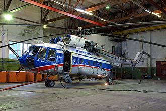 Mil Mi-8 helicopter operated by Spark+ in the hangar at Barentsburg Spark Mil Mi-8MTV-1 at Barentsburg.jpg