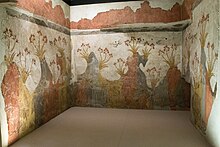 The Spring Fresco from Akrotiri, "the earliest pure landscapes anywhere", far better preserved than those at Knossos. Spring fresco from Akrotiri, NAMA BE 1974.29, 191198.jpg
