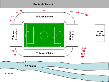 Schéma représentant la situation du stade et de ses environs, ainsi que la disposition des différentes tribunes.