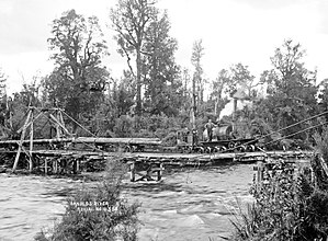 Parní lokomotiva s kulatinou, na mostě přes řeku Arnold v Kokiri, 1900-30.jpg