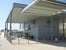 The Stratford International DLR forecourt, soon after opening in 2011 Stratford International DLR stn east entrance.jpg