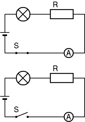 Ausbildung Reihe - Elektrotechnik Gleichspannung - offener Stromkreis mit  Batterie, Schalter und LED Illustration Stock