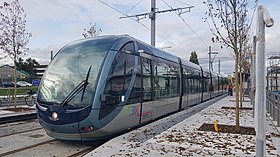 Primer tren de prueba en la estación Cantinolle en Eysines el 23 de octubre de 2019.