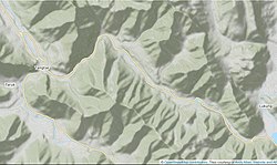 Topographic map of the Tangtse area, showing the Tangtse fault and the Pangong fault; the edge of the Pangong Lake can be seen at the bottom right Tangtse-map.jpg