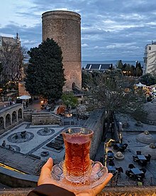Tea in Azerbaijani traditional armudu (pear-shaped) glass Tea in Azerbaijani traditional armudu glass.jpg