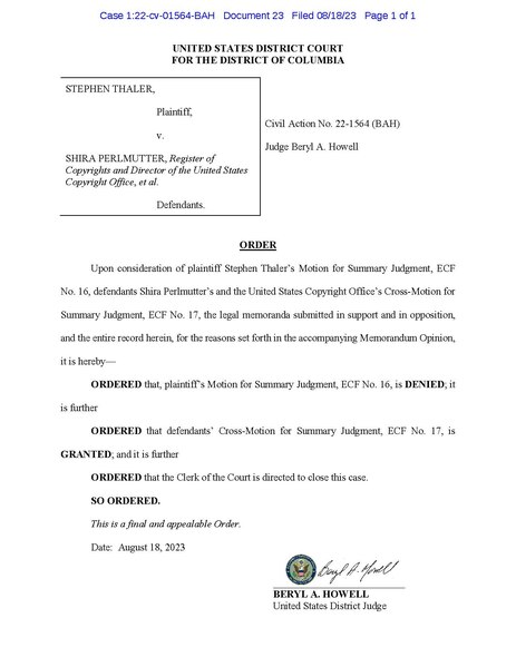 File:Thaler v. Perlmutter, Order (Dkt. 23).pdf