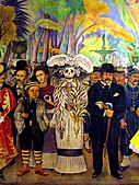 Mural (detail) Sueño de una Tarde Dominical en la Alameda Central in Mexico City, featuring Rivera and Frida Kahlo standing by La Calavera Catrina (width: 15.6 m)