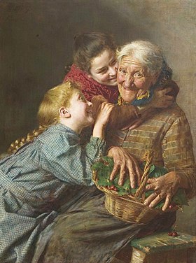 Grand-mère et ses petits-enfants(Tableau de Gaetano Bellei).