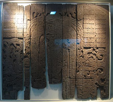 The elaborately carved wooden Lintel 3 from Temple IV. It celebrates a military victory by Yik'in Chan K'awiil in 743.[148]