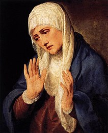 An image of Titian's The Virgin Dolorosa with Her Hands apart that is often times confused with his similar piece, Mater Dolorosa (with clasped hands).