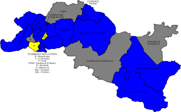 Map of the results of the 2006 Tunbridge Wells council election. Conservatives in blue and Liberal Democrats in yellow. Wards in grey were not contested in 2006. Tunbridge-Wells 2006 election map.png