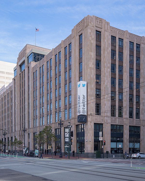 Market Square (colloquially the Twitter Building), the company's headquarters in San Francisco, January 2023