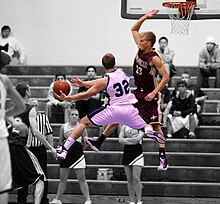 Haws defending a shot attempt while playing for Lone Peak High School Tyler Haws.jpg