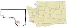 Wahkiakum County Washington Sisällytetyt ja rekisteröimättömät alueet Cathlamet Highlighted.svg