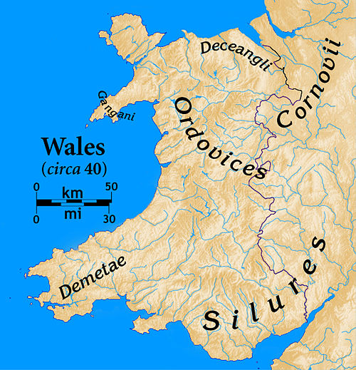 Tribes of Wales at the time of the Roman invasion. The modern Welsh border is also shown, for reference purposes.