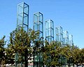 New England Holocaust Memorial, showing the six glass towers. Six towers: 6 million Jews killed; 6 major death camps; 6 years of extermination, 1939-1945
