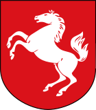 Wappen mit weißem Pferd auf rotem Grund