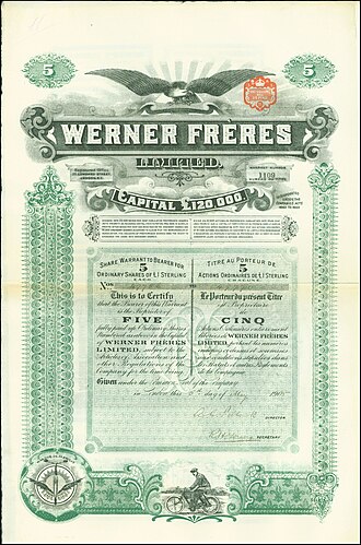 Share of the Werner Freres Ltd., issued 5. May 1905 Werner Freres 1905.jpg