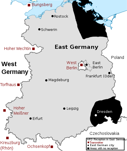 Reception area of the West German TV channel Deutsches Fernsehen (nowadays Das Erste) (grey) within East Germany before reunification. ARD was jokingly referred to as Außer (except) Rügen und Dresden by East Germans. Main transmitters appear in red. Areas with no reception (black) were jokingly referred to as "Valley of the Clueless" (Tal der Ahnungslosen).