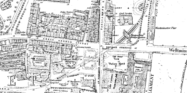 Ordnance Survey map showing Westminster station in 1878