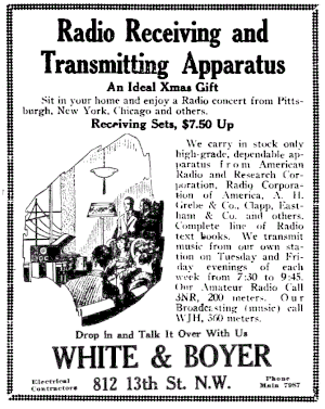 White & Boyer Company advertisement (December 1921) references both amateur station 3NR and recently granted broadcasting station WJH. White & Boyer advertisement (radio station WJH) December 15, 1921.gif