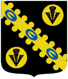 Arms: Sable on a bend nebuly Or between two bezants each charged with a pheon also Sable three buckles Proper. William Stubbs Escutcheon.png