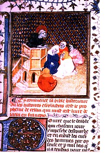 Folio 1 du Ms Ars. 5057 (Bible historiale): A (Franciscan?) preacher preaches to old ladies. "Cy commence la Bible historiaux ou les histoires escolastres. C'est le propheme de cellui qui mist cest livre de latin en francois. ~~ Pource que le Deable qui chascun jour destourbe et enordut le coeur des hommes par oyseuse (ie: "paresse") et par mille lacs (i.e.: "lacets, cordes") qu'il a tendus..."(Here begins the Bible historiale or the Historia Scholastica.~~ Because the devil, who every day troubles and soils men's hearts with sloth and by a thousand traps...) XLSALVADOR MS 5057 BH folio 1.jpg