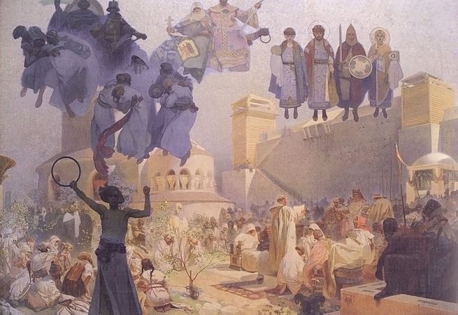 Mucha's The Slav Epic cycle No.3: Introduction of the Slavonic Liturgy in Great Moravia (1912)
