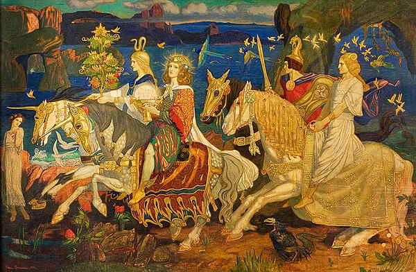 Riders of the Sidhe, a 1911 painting of the aos sí or Tuatha Dé Danann, by the artist John Duncan