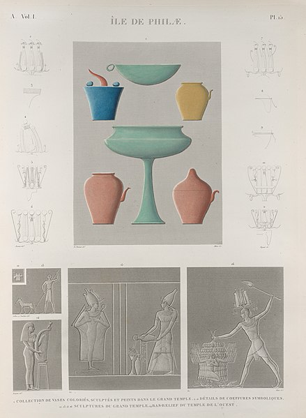 Pl.15 - 1. Collection de vases coloriés, sculptés et peints dans le Grand Temple 2-11. Détails de coeffures symboliques 12.13.15.16. Sculptures du Grand Temple 14. Bas-relief du temple de l'ouest