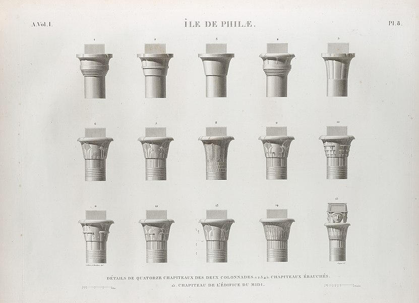 Pl.8 - Détails de quatorze chapiteaux des deux colonnades 1.2.3.4.5. Chapiteaux ébauchés (6)-15. Chapiteaux de l'édifice du midi