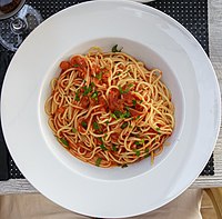 Rank: 41 Spaghetti with tomato sauce in a hotel in Cala Llombards, Mallorca