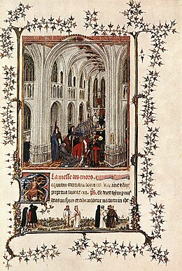 Funérailles dans une église, enluminure tirée des Heures de Turin-Milan, attribuée à la « main G », parfois considérée comme celle de Jan van Eyck. Cette œuvre présente un intérieur gothique très proche de celui du panneau de Berlin.