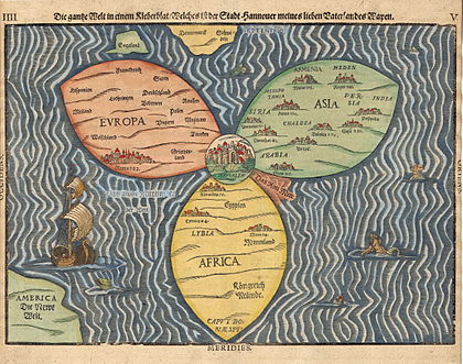 Mapa-múndi estilizado em forma de folha de trevo (os três continentes clássicos: Europa, Ásia e África), com Jerusalém no centro e indicação adicional da Grã-Bretanha, Escandinávia e América/Novo Mundo. Desenhado por Heinrich Bünting e impresso em Magdeburgo em 1581. Bünting foi um teólogo protestante, geógrafo e cronista. Sua descrição geográfica dos locais bíblicos da Palestina (Itinerarium Sacrae Scripturae) com ilustrações emblemáticas, imaginativas, o tornaram conhecido. (definição 4 441 × 3 496)