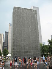 Videos are displayed on Crown Fountain. Water falls from the top between videos. 20070616 Crown Fountain (6).JPG