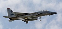 A US Air Force F-15C Eagle, tail number 81-0032, on final approach at Kadena Air Base in Okinawa, Japan.