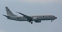 A Boeing P-8 Poseidon, tail number 168761, on final approach at Kadena Air Base in Okinawa, Japan. It is assigned to Patrol Squadron 45 (VP-45) at NAS Jacksonville, Florida, United States.