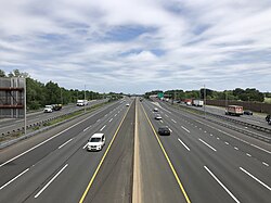 View north along the 12-lane New Jersey Turnpike (Interstate 95) in Monroe Township 2021-05-25 12 11 32 View north along Interstate 95 (New Jersey Turnpike) from the overpass for New Jersey State Route 32 and Middlesex County Route 612 (Forsgate Drive) in Monroe Township, Middlesex County, New Jersey.jpg