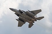 An F-15C Eagle, tail number 86-0175, taking off from RAF Lakenheath in the United Kingdom. The aircraft is assigned to the 493rd Fighter Squadron in the United States Air Force.