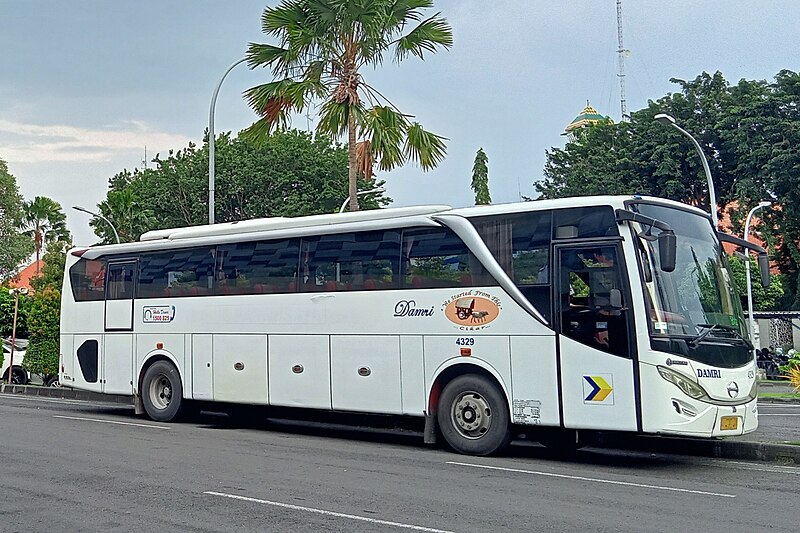 File:21 Bus Khusus Penumpang Kapal Milik Perum DAMRI trayek Tanjung Perak - Purabaya terparkir di depan Terminal Penumpang Gapura Surya Nusantara Pelabuhan Tanjung Perak (cropped).jpg