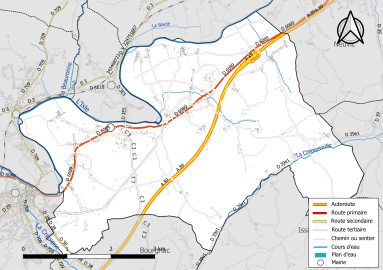 Carte en couleur présentant le réseau hydrographique de la commune