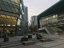 The Surrey Centre Library and City Hall are adjacent to the station. 3civic plazawithcityhall.jpg