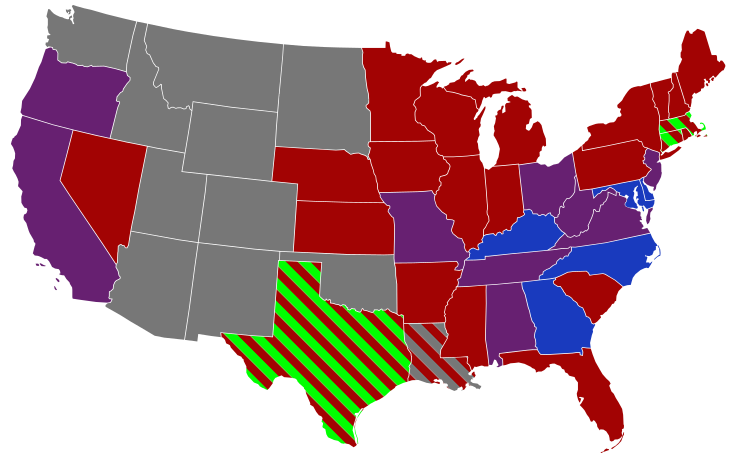 Senators' party membership by state at the opening of the 43rd Congress in March 1873. The green stripes represent Liberal Republicans. One of Louisiana's seats was never filled. .mw-parser-output .legend{page-break-inside:avoid;break-inside:avoid-column}.mw-parser-output .legend-color{display:inline-block;min-width:1.25em;height:1.25em;line-height:1.25;margin:1px 0;text-align:center;border:1px solid black;background-color:transparent;color:black}.mw-parser-output .legend-text{}  2 Democrats   1 Democrat and 1 Republican   2 Republicans   Territories