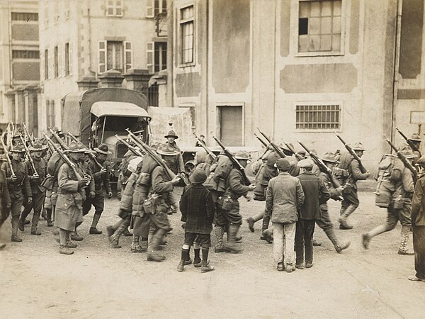 Doughboys of the 4th Infantry Regiment, 3rd Division, arriving at Brest, France, April 18, 1918.