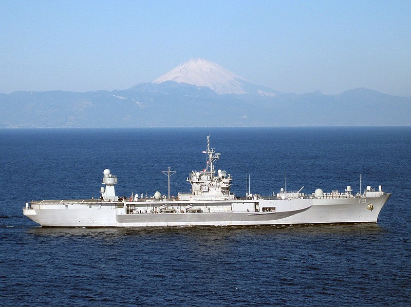 File:A starboard side view of the US Navy (USN) Amphibious Command Ship, USS BLUE RIDGE (LCC 19), underway off the eastern coast of Japan as Mt. Fuji looms on the horizon. The BLUE RIDGE - DPLA - 2d3b72190d8dac6f2e03210fbe8a5c36.jpeg