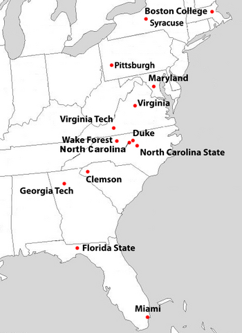 English: Locations of the ACC member schools, ...