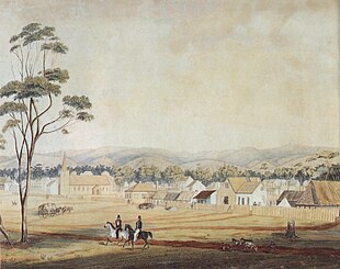 Adelaide in 1839. South Australia was founded as a free-colony, without convicts. Adelaide North Tce 1839.jpg