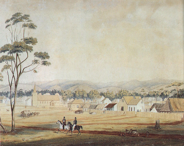 Adelaide in 1839 as viewed south-east from the western end of North Terrace, including Holy Trinity Church. (The church tower lost its "peaked cap" in